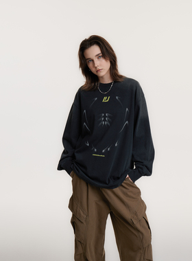 UMBNESS 美式复古水洗做旧设计感长袖T恤男女宽松印花圆领上衣潮