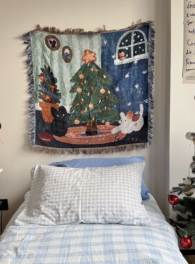 油画风格韩式创意复古卧室布置小清新简约圣诞节复古猫咪挂毯