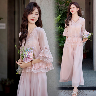 小香风套装女夏高级感韩版时尚气质洋气减龄显瘦蕾丝阔腿裤两件套