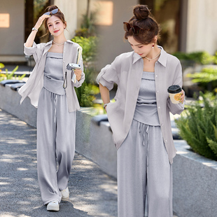 时尚穿搭三件套女装2025年新款夏季休闲阔腿裤套装遮肚子显瘦长裤