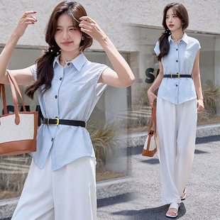 夏季女装无袖衬衫长裤套装女时尚休闲气质减龄阔腿裤两件套高级感