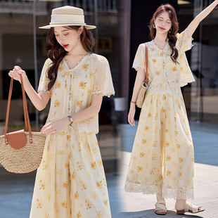 蕾丝拼接上衣阔腿裤 法式 女2025夏季 套装 两件套 超好看减龄印花时尚