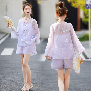 2025春夏装新中式国风套装女刺绣上衣短裤三件套小个子气质高级感