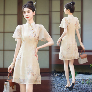新中式国风连衣裙女夏季2025新款气质高级感小个子少女雪纺旗袍裙