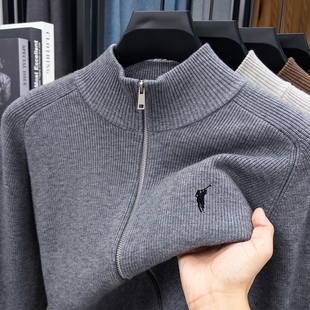 保罗加厚羊毛衫男秋冬保暖立领外套马标刺绣休闲拉链毛衣针织开衫
