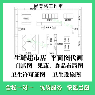 生鲜超市CAD代画果蔬门店食品零食水果蔬菜店铺卫生许可证卖场图