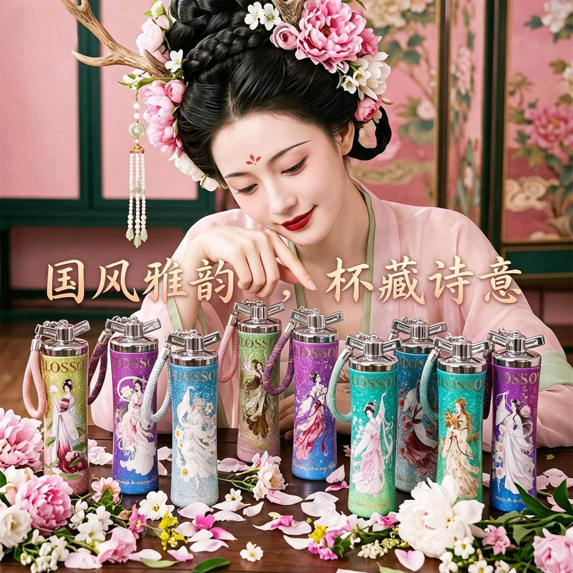 纯钛保温杯十二花神国风雅韵新中式高颜值女士便携水杯古风印花杯