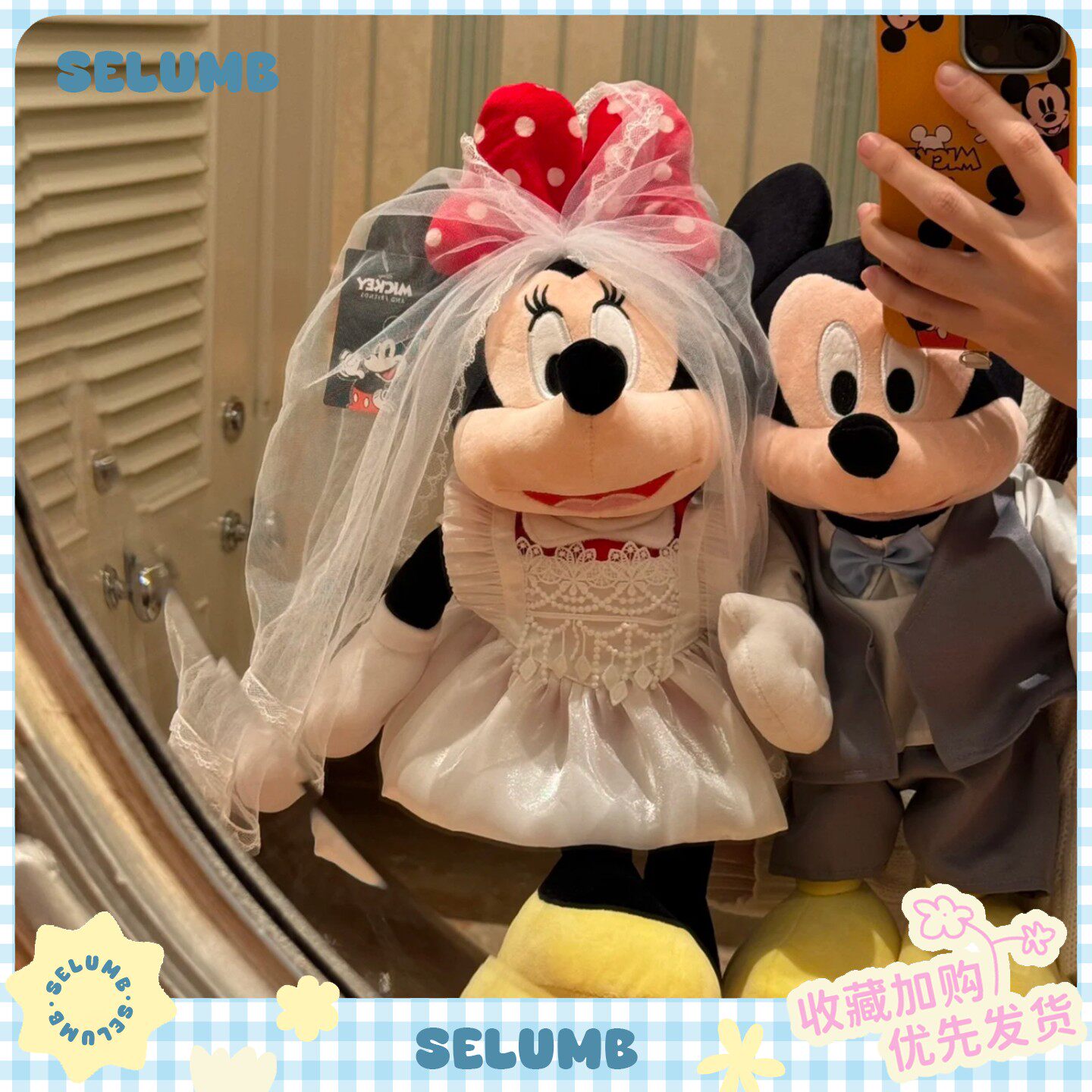 日本SELUMB新年情人节可爱婚纱礼服米奇米妮毛绒玩偶新婚抱枕礼物