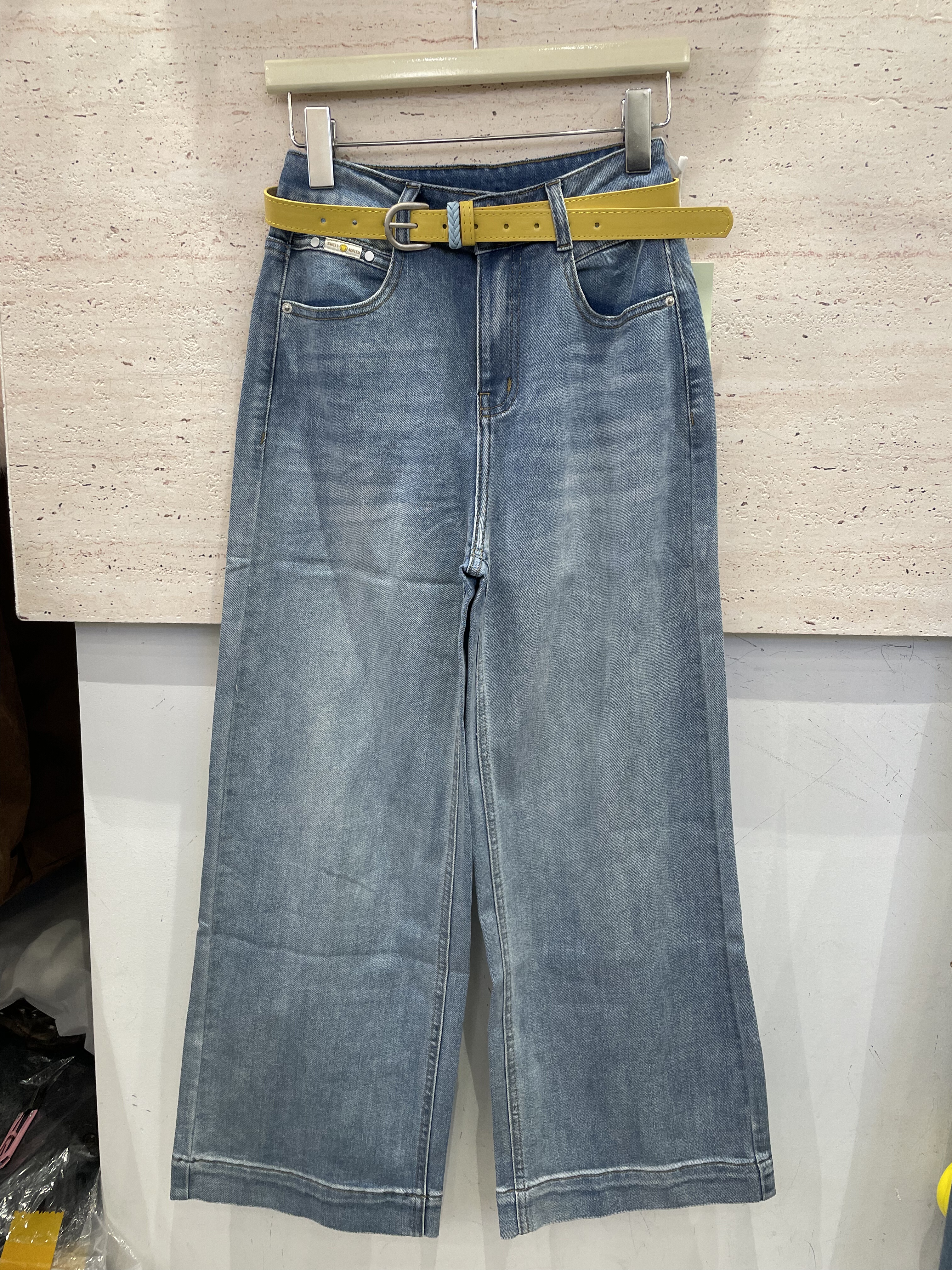 今喜7876春秋新款复古宽边休闲蓝色直筒牛仔女韩系百搭阔腿女裤子
