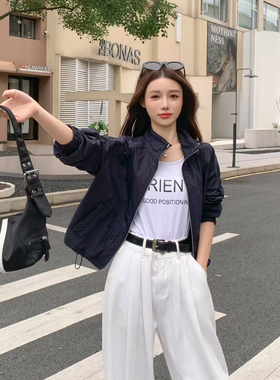 火辣家66612小个子短款立领抽绳设计纯色时尚百搭休闲防晒外套女