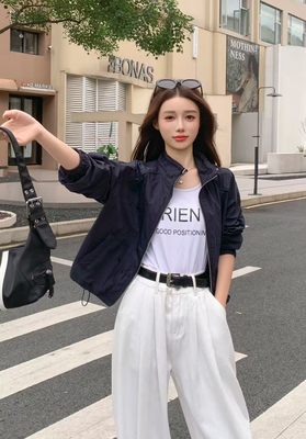 火辣家66612小个子短款立领抽绳设计纯色时尚百搭休闲防晒外套女