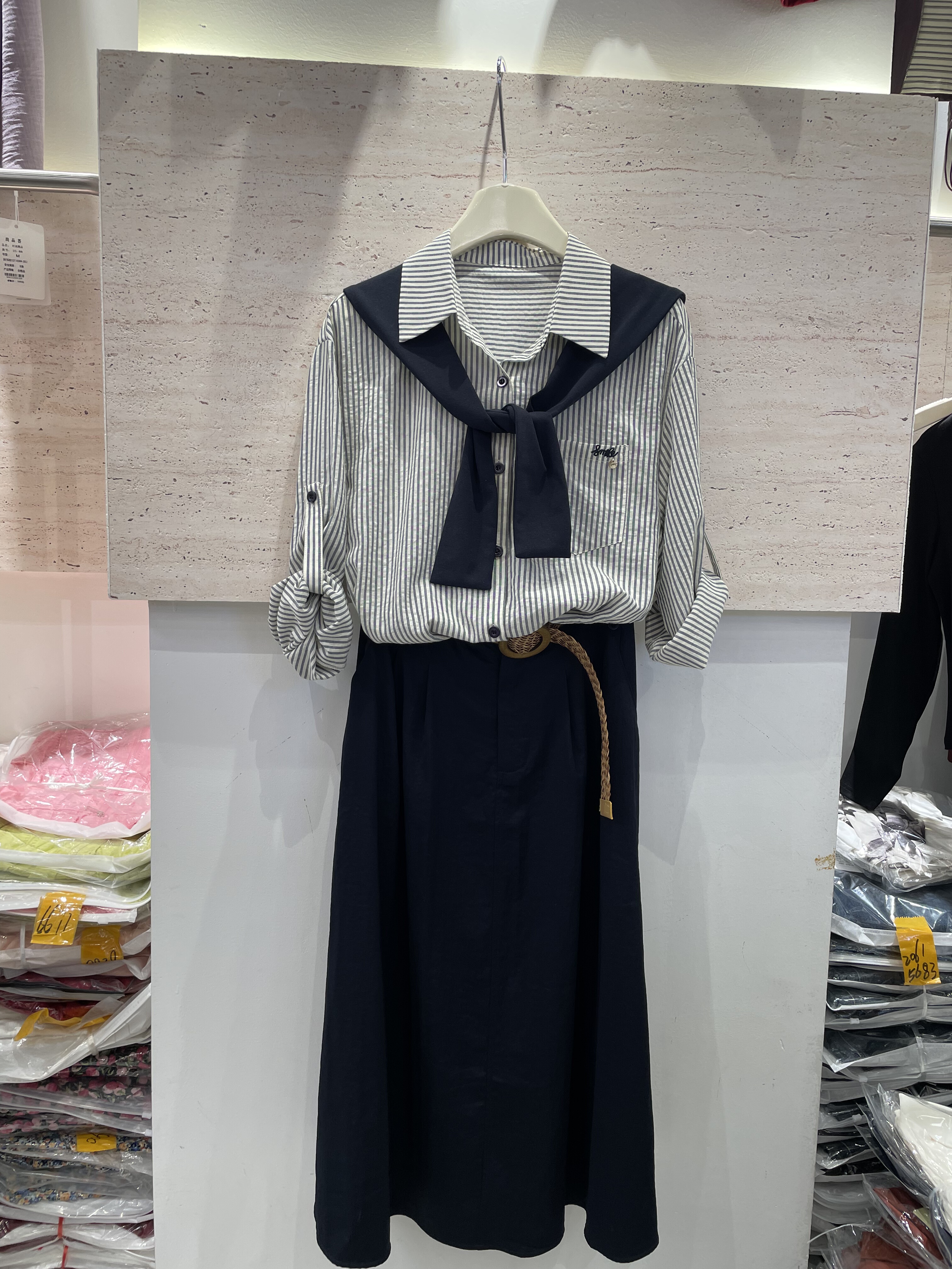 玟裙5A21欧货秋款披肩条纹衬衫上衣高腰半身裙时尚套装女两件套