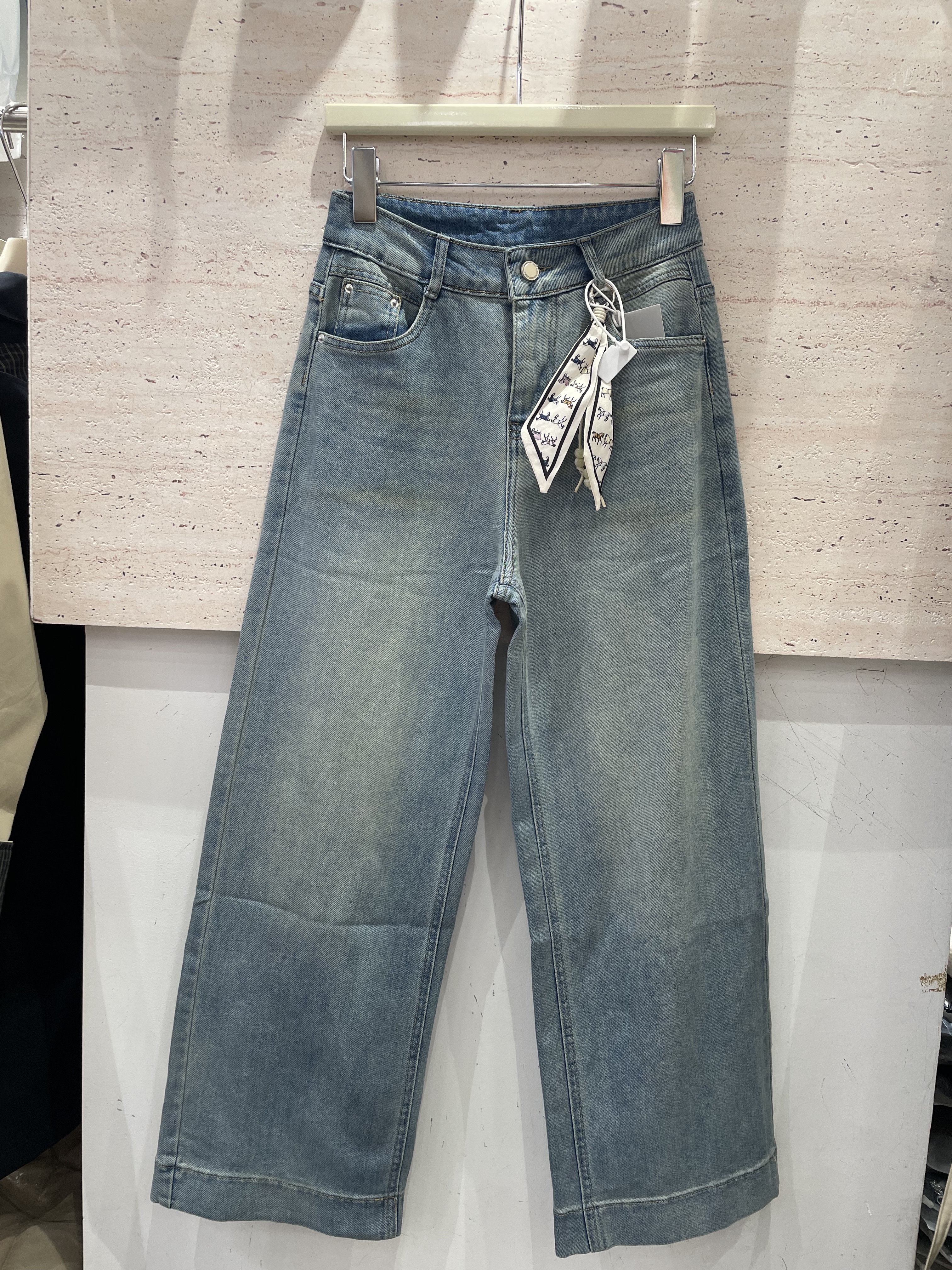 梦佳瑶8872春季新品高腰系带阔腿牛仔裤显瘦宽边百搭小个子九分裤
