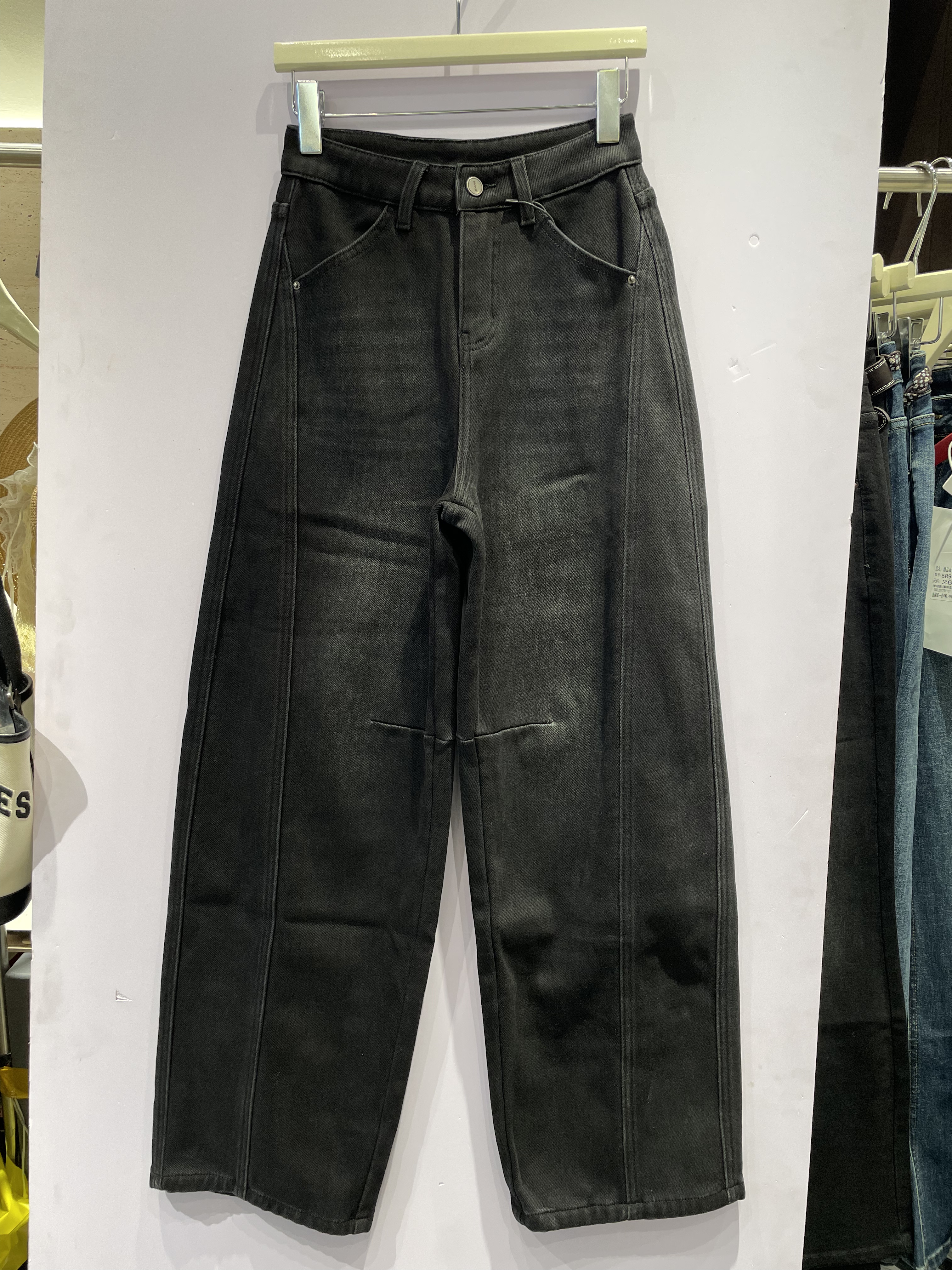 竹子家8801-1冬季加厚黑灰色弯刀裤女宽松显瘦高腰香蕉牛仔长裤子