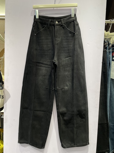 竹子家8801-1冬季加厚黑灰色弯刀裤女宽松显瘦高腰香蕉牛仔长裤子