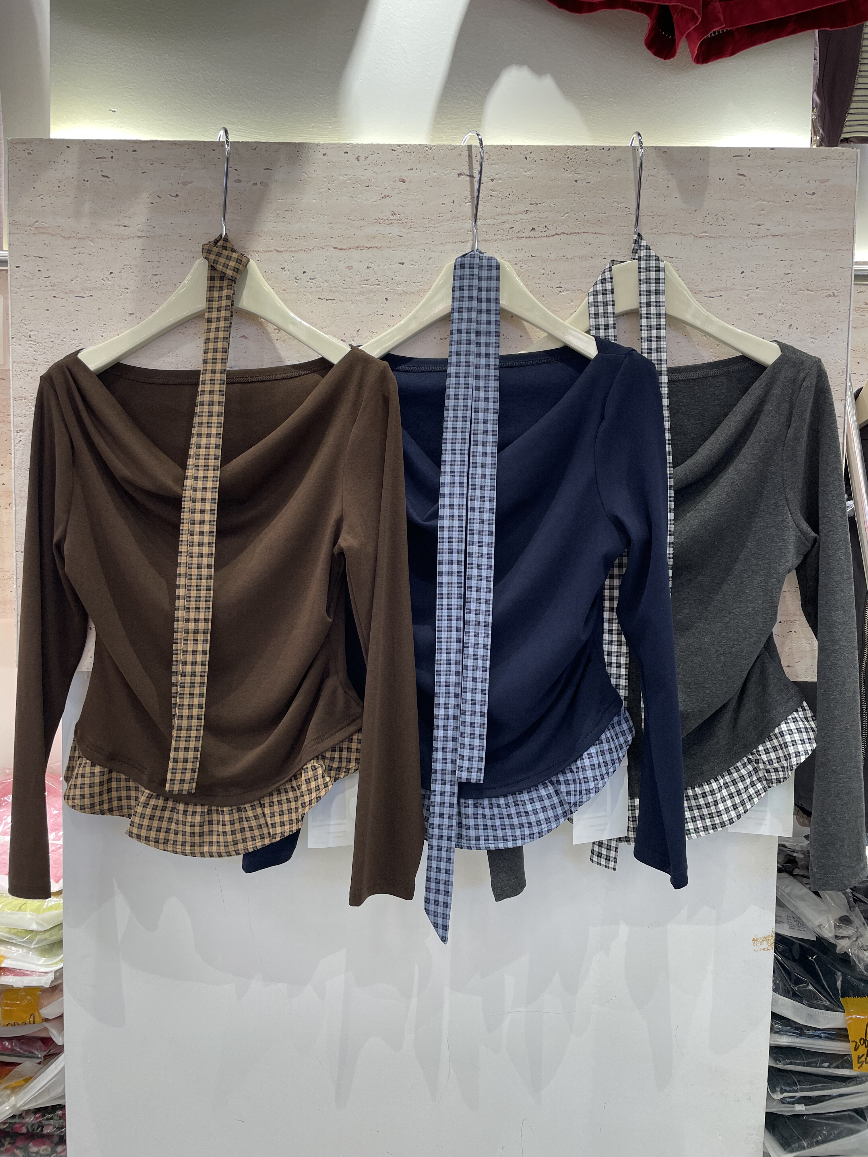 鑫尚风865秋装格纹飘带挂脖假两件修身显瘦百搭荷叶边长袖女t恤