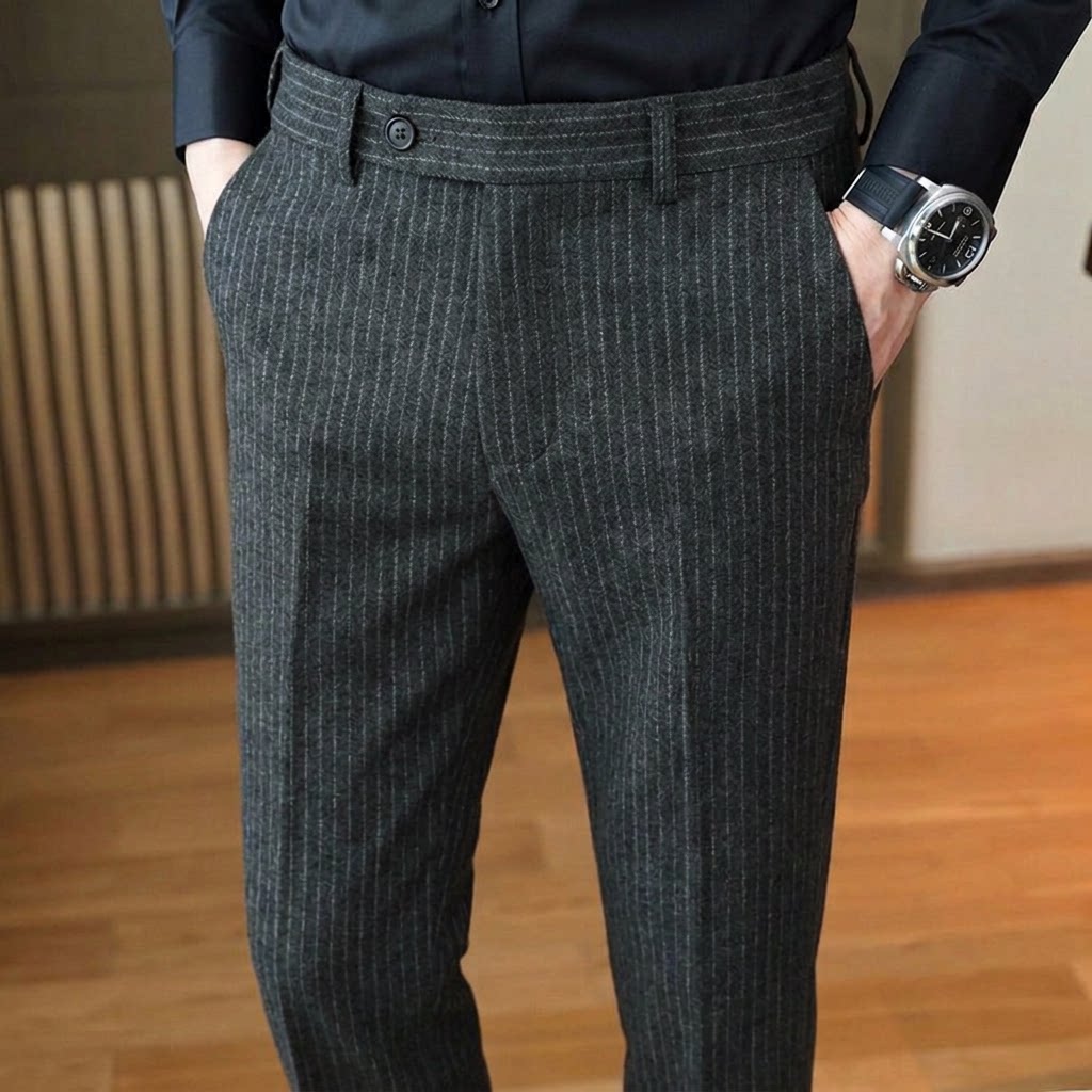 毛呢男裤子羊毛秋冬季冬款加厚条纹商务高端西装小脚休闲男士西裤