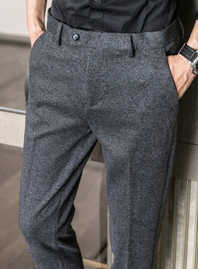男裤子加厚羊毛呢子粗花呢人字纹毛料高端修身秋冬季冬款男士西裤