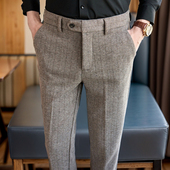 裤 子高端加厚羊毛呢子秋冬季 冬款 男士 小脚条纹毛料人字纹休闲西裤