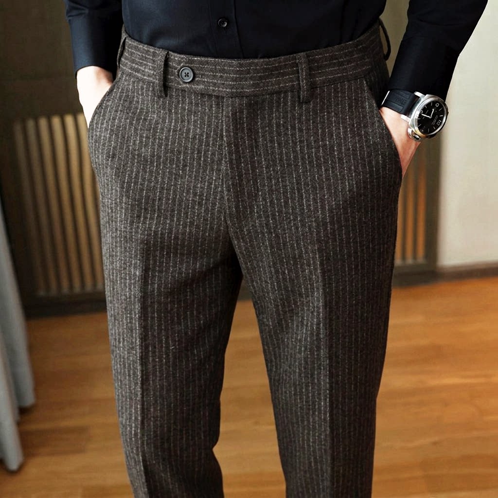毛呢男裤子羊毛秋冬季冬款加厚条纹商务高端西装小脚休闲男士西裤