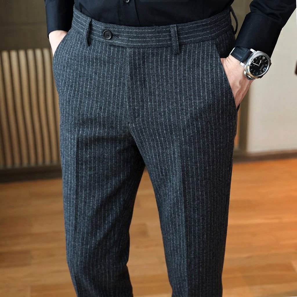 毛呢男裤子羊毛秋冬季冬款加厚条纹商务高端西装小脚休闲男士西裤