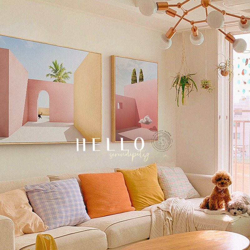 现在轻奢客厅落地画装饰画沙发背景墙组合壁画小众艺术感原木挂画