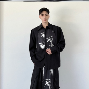 新中式撞色竹元素汉风男装衬衫男长袖高级感设计感休闲衬衣外套潮