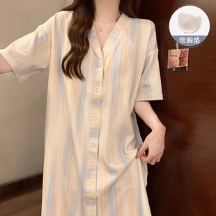 带胸垫睡裙女士夏季短袖高级感复古风睡衣2024新款宽松开衫家居服