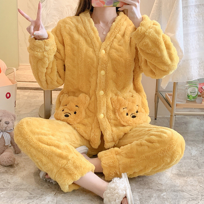 冬季睡衣女秋冬珊瑚绒加厚加绒卡通小熊法兰绒长袖家居服套装春秋