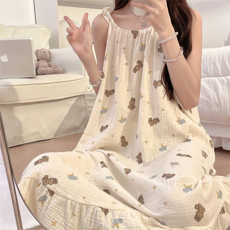 吊带睡裙女款夏季纯棉双层纱布棉图片