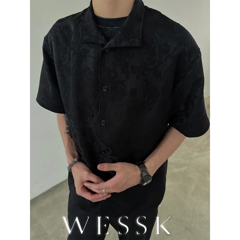 WESSK新中式可立领腰果花纹理翻领黑色cleanfit衬衫休闲衬衫男潮