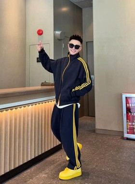 ULE语乐90251/2556美式撞色三条杠运动卫衣套装休闲立领外套裤子