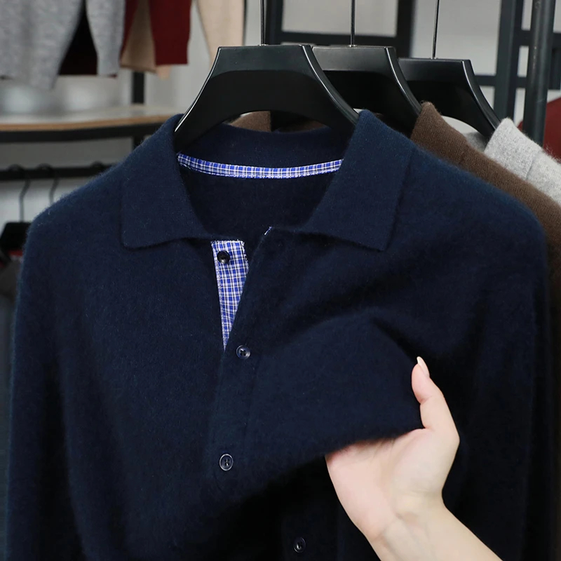 丝绒诗男装羊绒毛衣【山羊绒】轻奢软黄金开衫男士加厚翻领衬衫