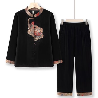 爱茜中老年女装春装妈妈装春季金丝绒套装新中式国风绣花奶奶装