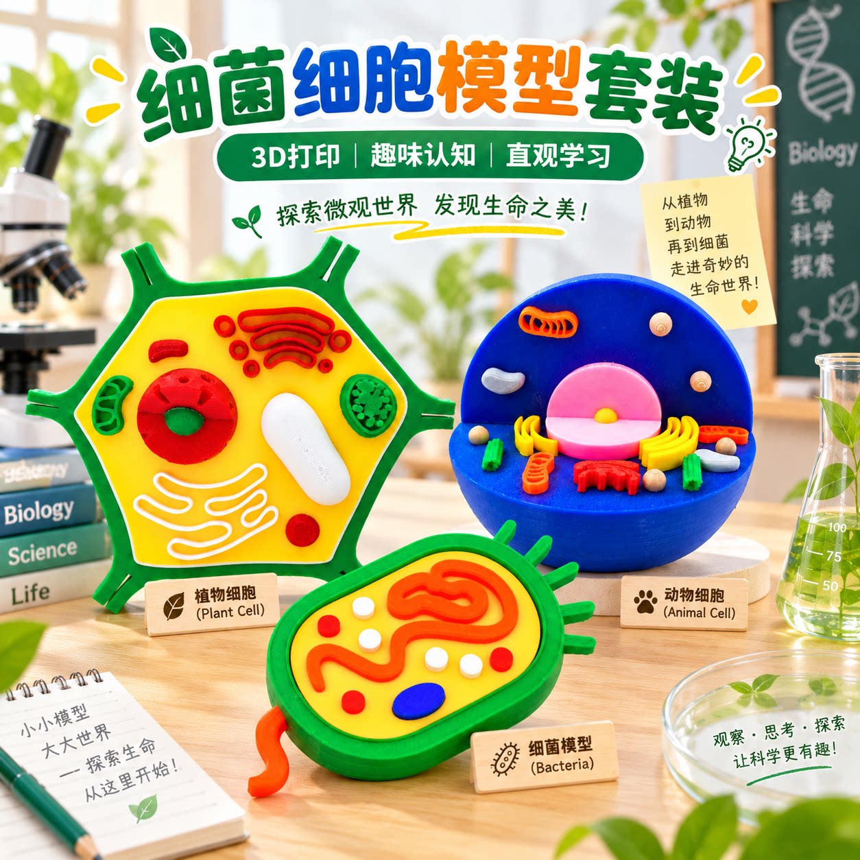3D打印动植物细胞细菌模型组织模型高中实验课初中儿童益智教学