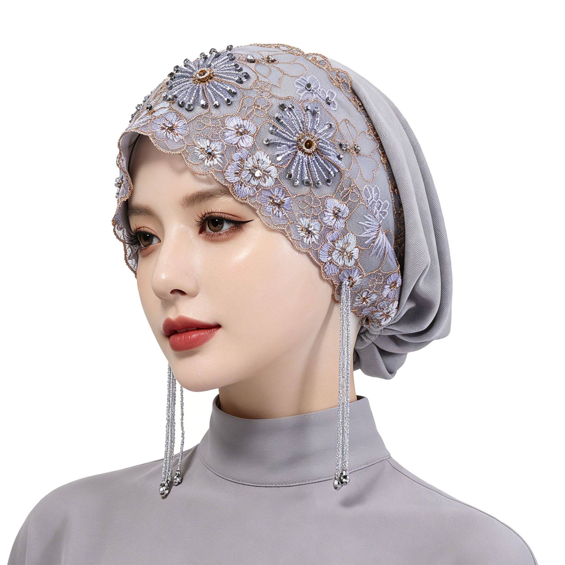 马来西亚外贸包头帽子重工串珠刺绣蕾丝流苏高档轻奢头巾帽turban