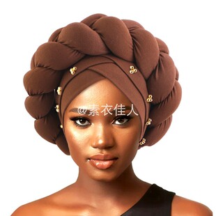 非洲帽夸张粗辫子头巾帽立体海绵麻花辫套头帽钉珠turban hat cap