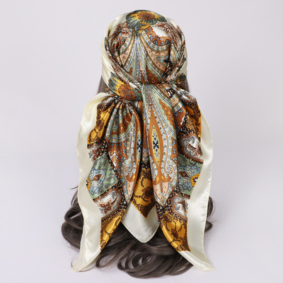 欧美包头巾90cm色丁大方巾腰果印花丝巾女headscarf scarf shawls