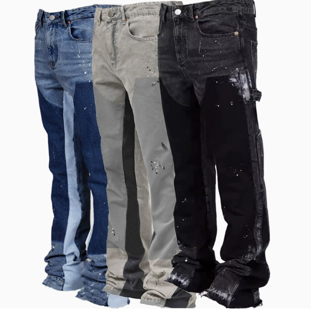 欧美2025新品时尚修身百搭男装牛仔工装弹力贴布叠层喇叭牛仔长裤,男装,牛仔裤,淘宝优惠券,粉丝福利购,淘宝优惠卷