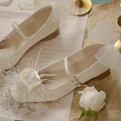 方头粗跟玛丽珍仙玫瑰蝴蝶结婚鞋