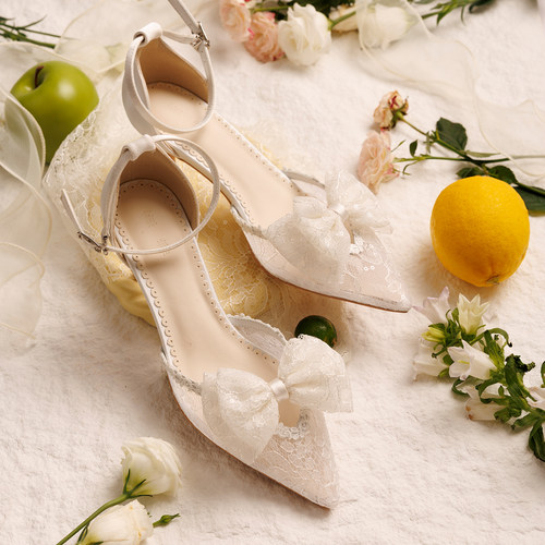 薮椿原创蕾丝蝴蝶结仙女婚鞋伴娘
