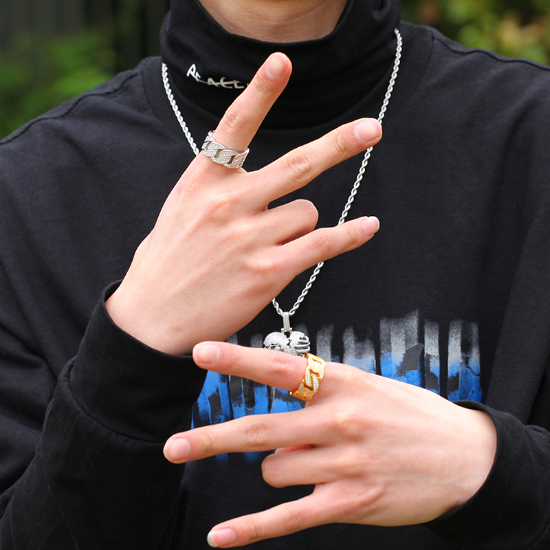 嘻哈镶锆石古巴戒指男潮街头配饰
