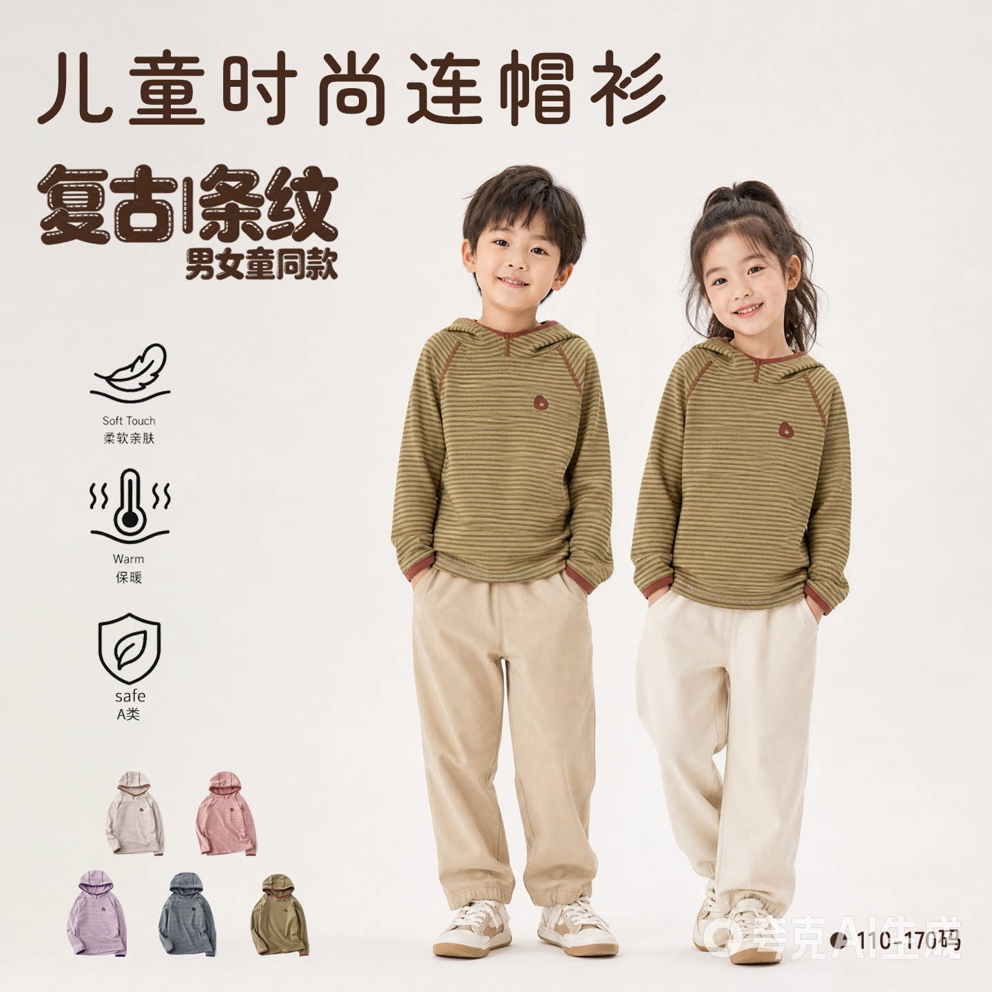 中小童复古条纹保暖连帽卫衣