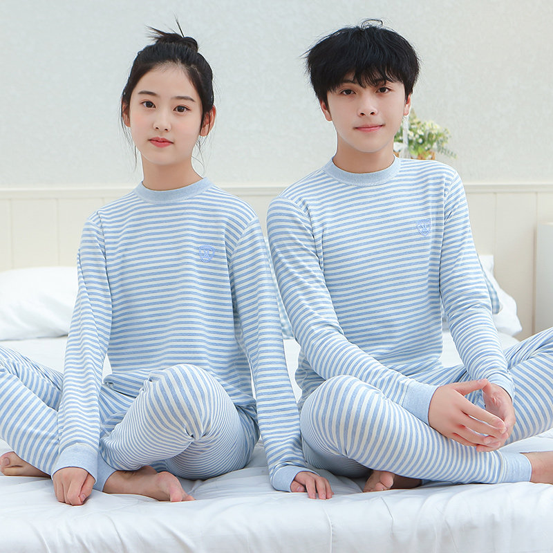 儿童彩棉条纹秋衣秋裤套装男女童中大童青少年加厚保暖内衣套装