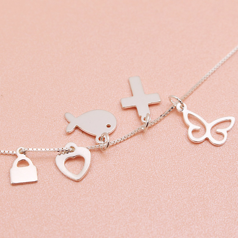 S925纯银光面心形钥匙隔片薄挂件手工红绳DIY配件小鱼蝴蝶小吊坠