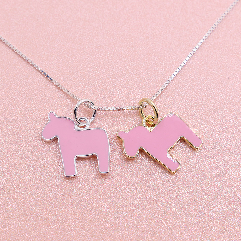 可爱粉色小木马挂件s925纯银项链手链搭配材料吊坠滴胶马儿小挂坠