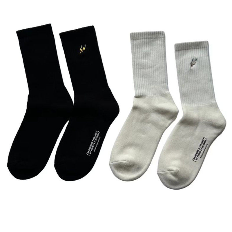 日本藤原浩闪电刺绣高筒袜子全棉加厚毛圈黑白纯色户外运动潮袜