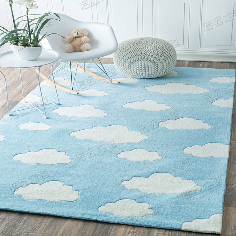 地中海儿童云朵蓝色地毯可爱女孩房卧室床边幼儿园样板间手工地毯