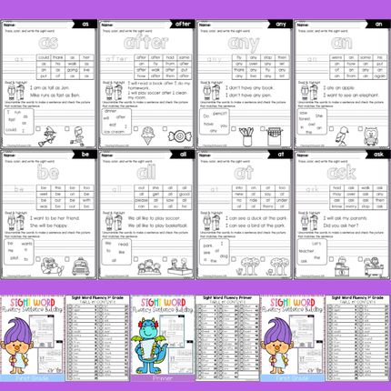 小学英语启蒙Sightwords高频词造句子涂色描红练习册作业纸电子版