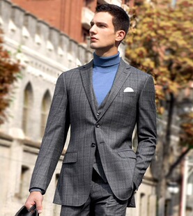 修身 西服上衣羊毛混纺商务正装 格纹外套 威可多男士 VICUTU